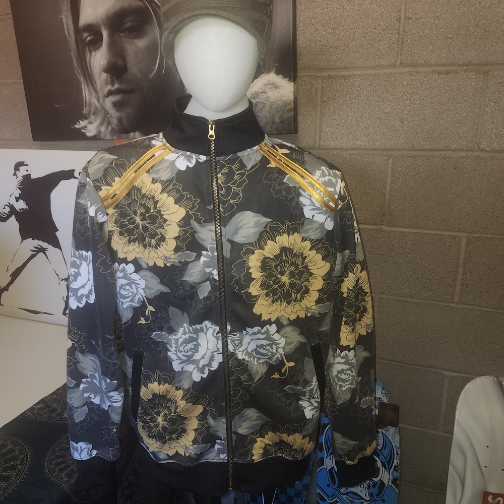 Floral Track Jacket in Black, Gold & Gray Medium